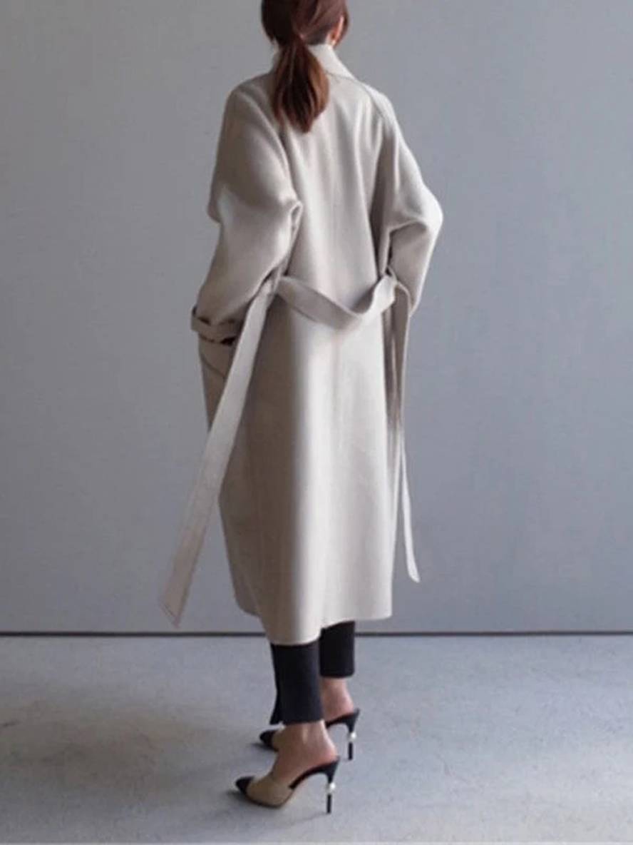 Aurohaya Long Double-Breasted Wool-Look Coat Elegant Women’s Belted Trench Jacket with Pockets