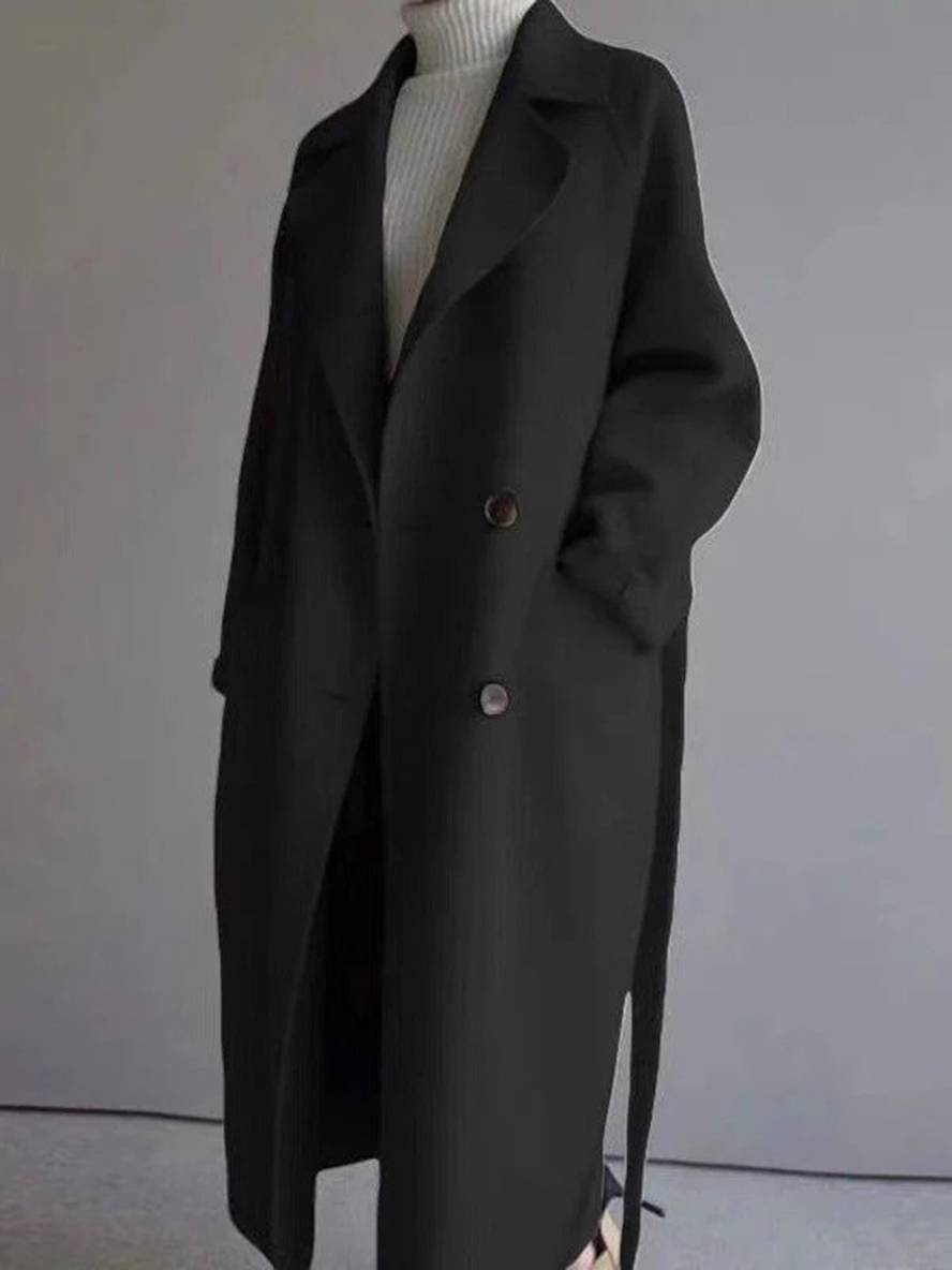 Aurohaya Long Double-Breasted Wool-Look Coat Elegant Women’s Belted Trench Jacket with Pockets