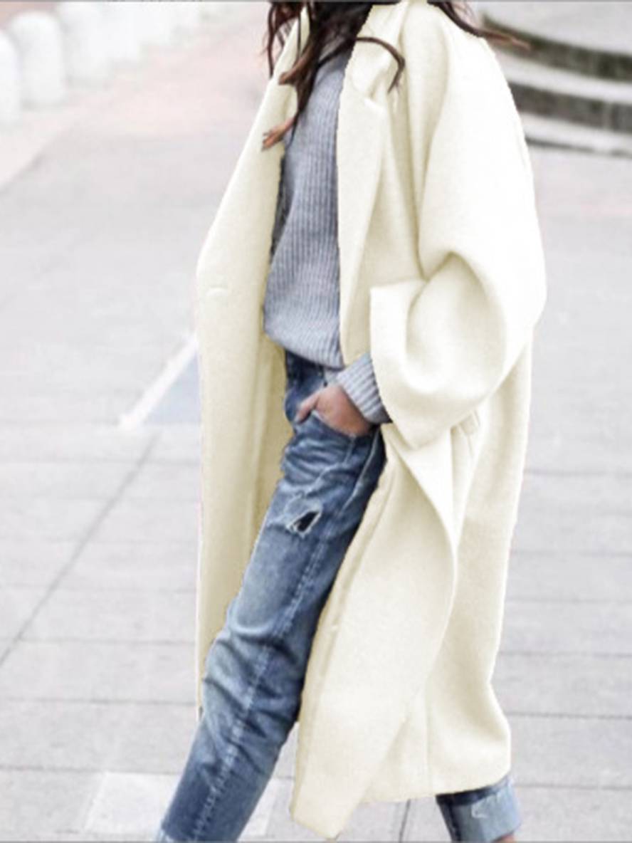 Aurohaya Long Wool Coat for Women Buttoned, Pockets, Lapel Collar, Long Sleeves Elegant Stylish Blouson