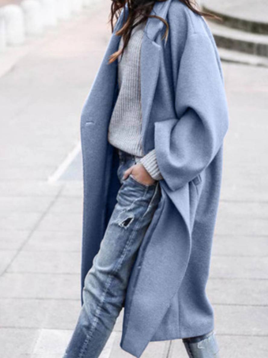 Aurohaya Long Wool Coat for Women Buttoned, Pockets, Lapel Collar, Long Sleeves Elegant Stylish Blouson