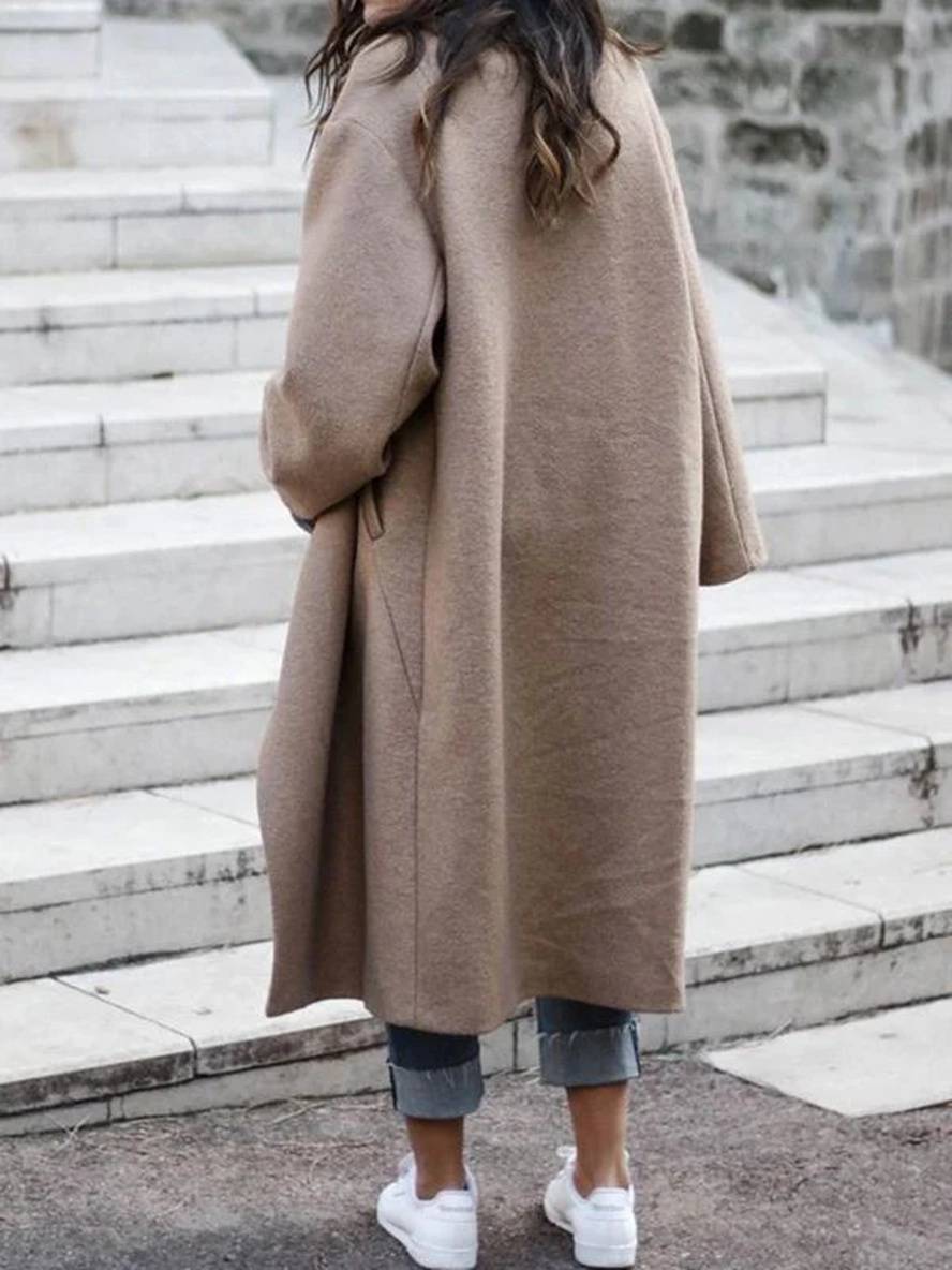 Aurohaya Long Wool Coat for Women Buttoned, Pockets, Lapel Collar, Long Sleeves Elegant Stylish Blouson