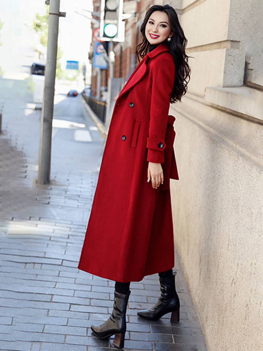 Aurohaya Ankle-Length Double-Breasted Coat Women’s Long Lapel Jacket with Pockets