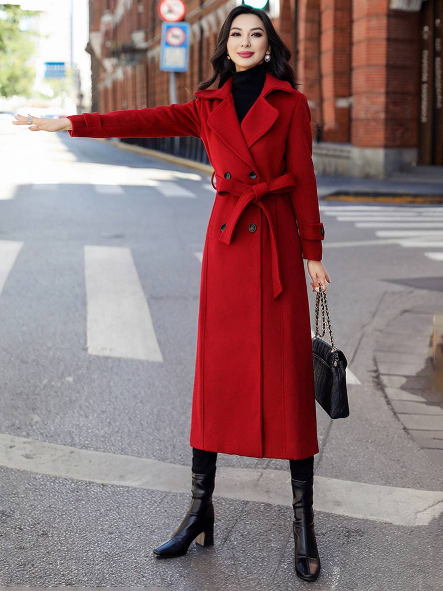 Aurohaya Ankle-Length Double-Breasted Coat Women’s Long Lapel Jacket with Pockets