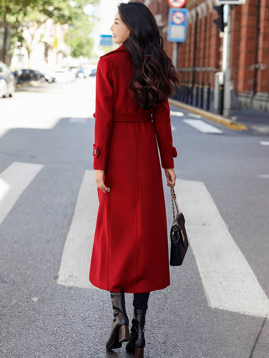 Aurohaya Ankle-Length Double-Breasted Coat Women’s Long Lapel Jacket with Pockets