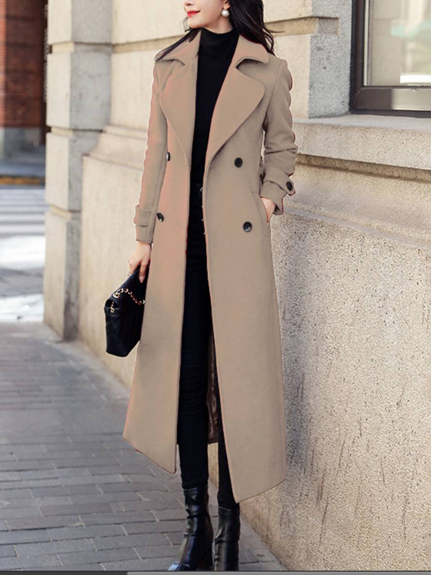 Aurohaya Ankle-Length Double-Breasted Coat Women’s Long Lapel Jacket with Pockets