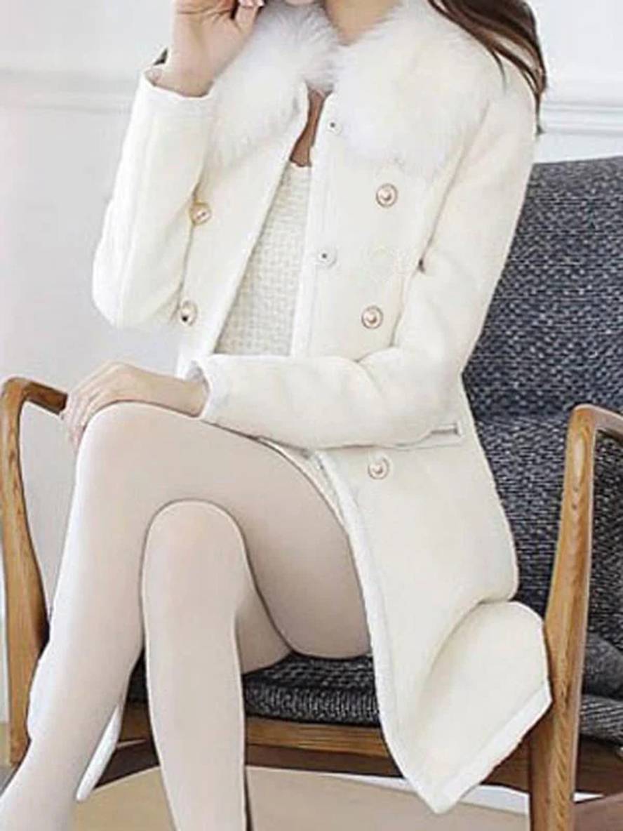 Aurohaya Double Breasted Wool Coat with Faux Fur Collar Elegant Winter Jacket for Women