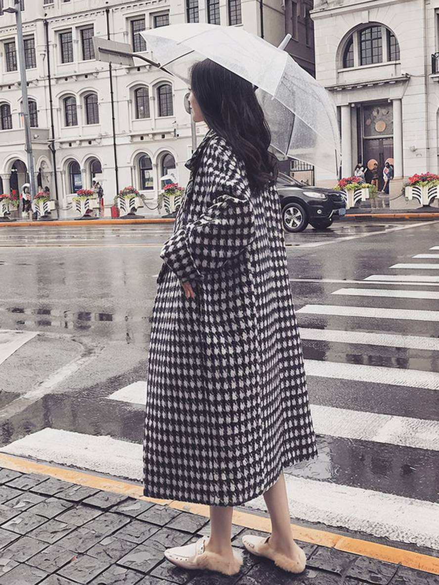 Aurohaya Plaid Wool Coat Women Long Lapel Pockets Oversized Elegant Casual Winter Outerwear