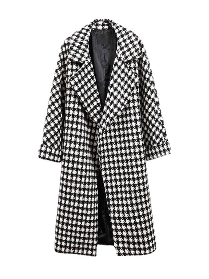 Aurohaya Plaid Wool Coat Women Long Lapel Pockets Oversized Elegant Casual Winter Outerwear