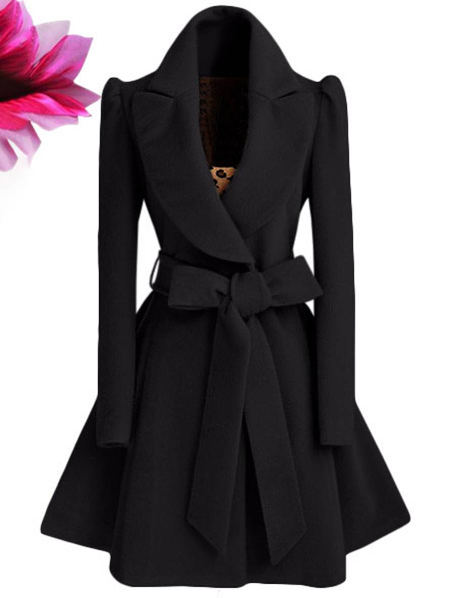 Aurohaya Women's Elegant Long Sleeve Belted Skater Coat, Solid Color, Reversible Collar Stylish Outerwear