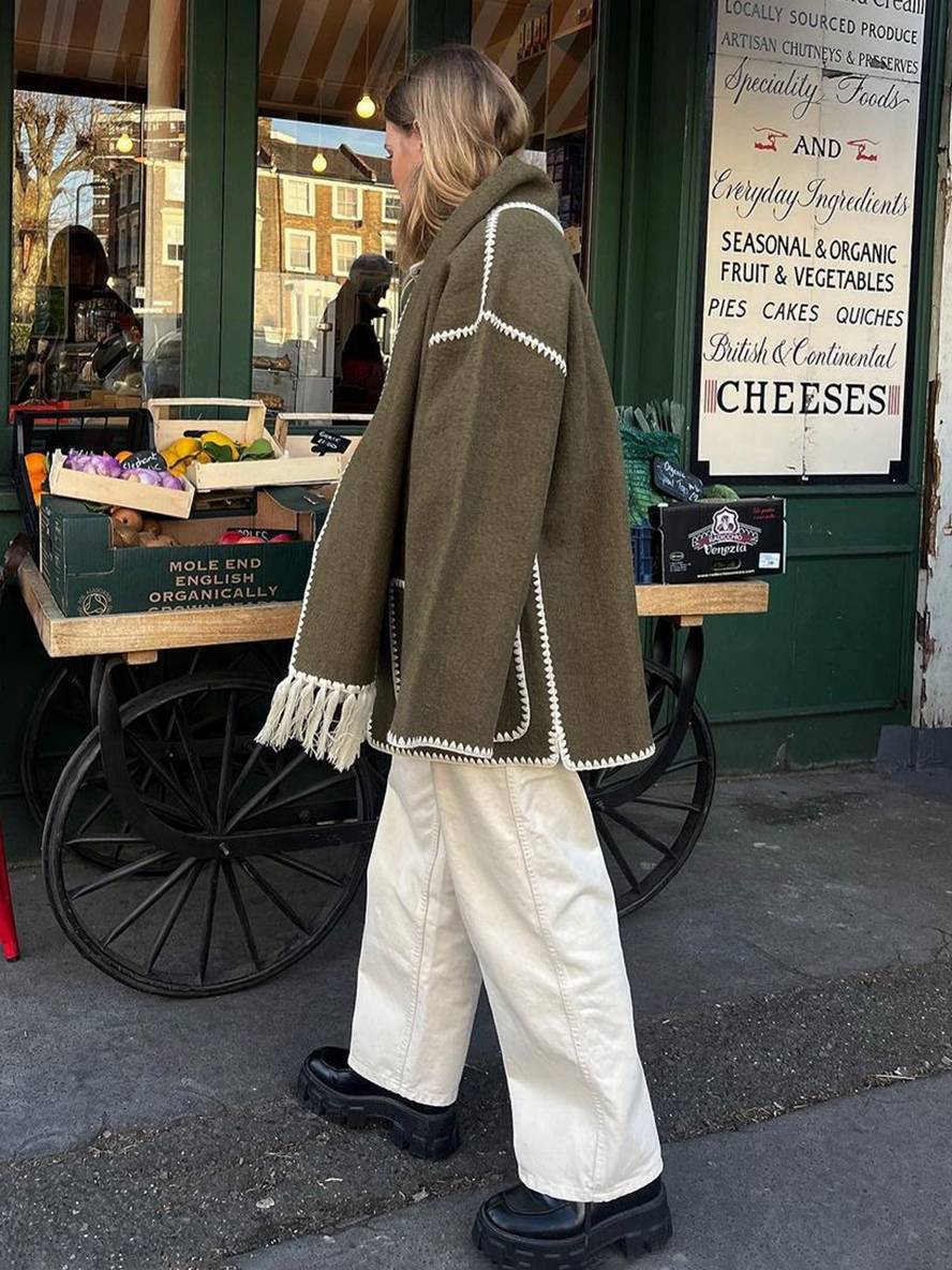 Aurohaya Women's Wool Felt Coat with Fringe Scarf Collar and Button Closure Elegant Casual Jacket