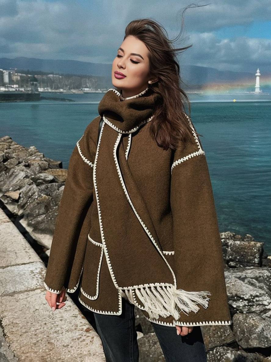 Aurohaya Women's Wool Felt Coat with Fringe Scarf Collar and Button Closure Elegant Casual Jacket