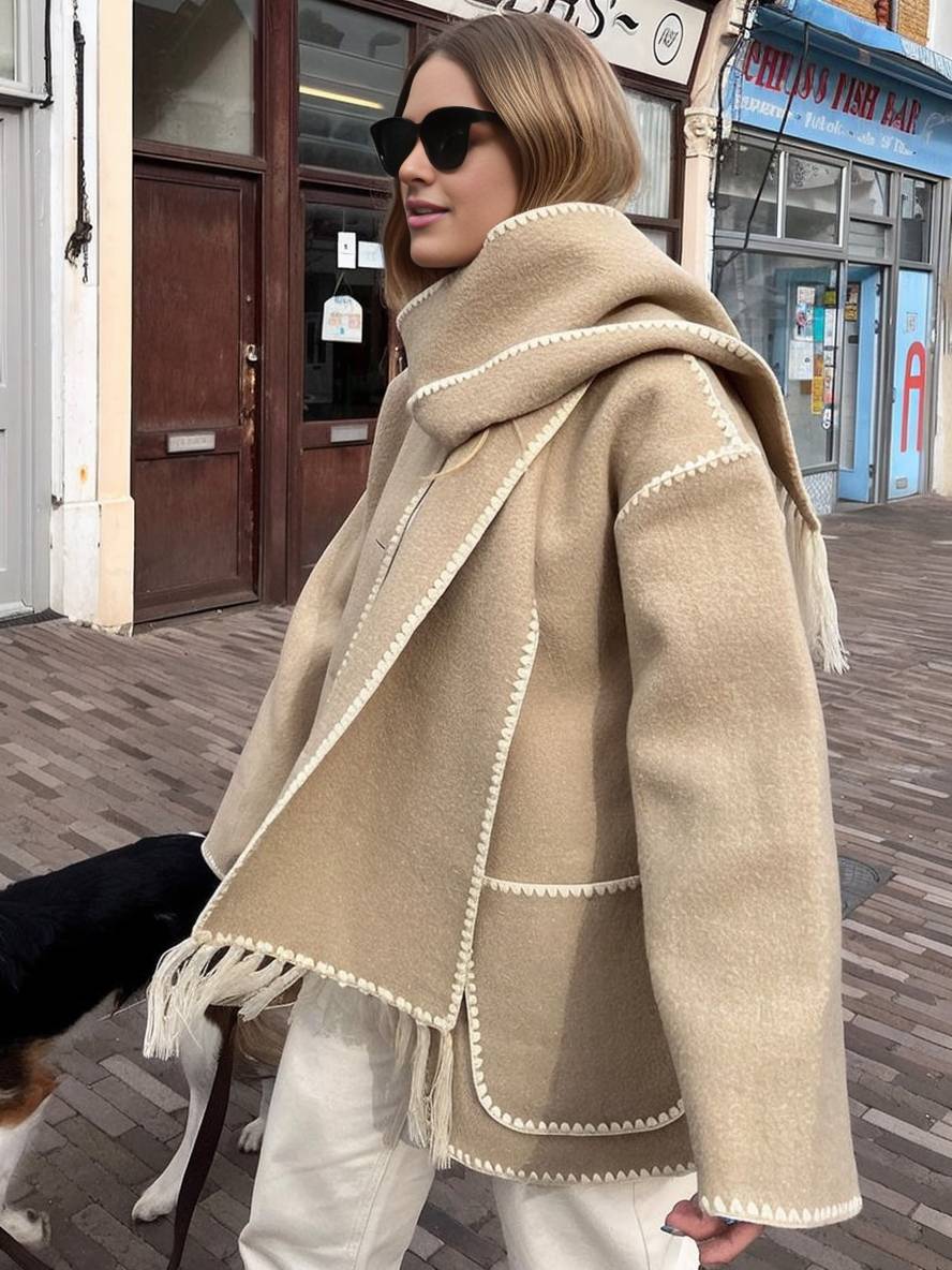 Aurohaya Women's Wool Felt Coat with Fringe Scarf Collar and Button Closure Elegant Casual Jacket