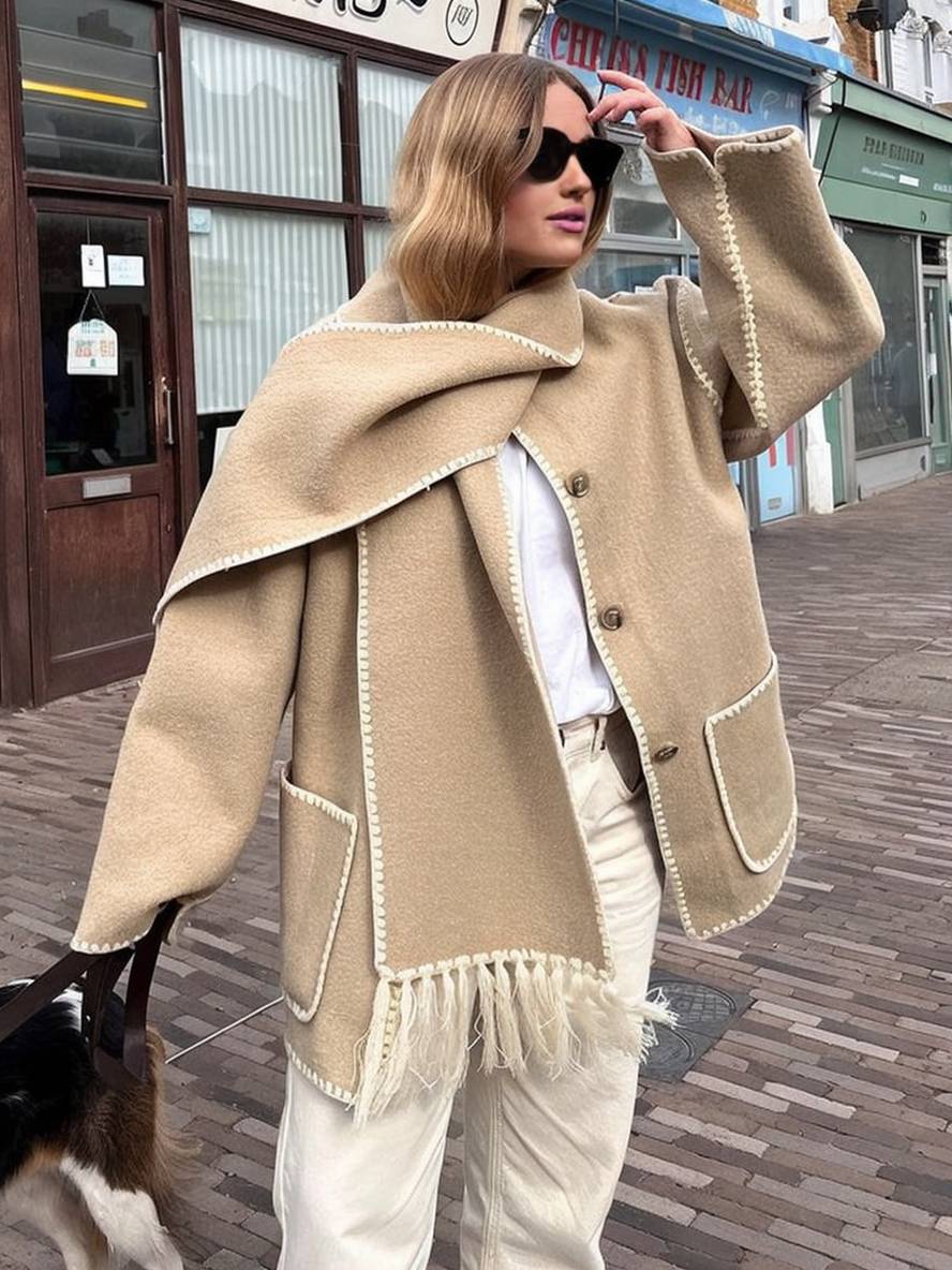 Aurohaya Women's Wool Felt Coat with Fringe Scarf Collar and Button Closure Elegant Casual Jacket