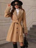Aurohaya Women's Wool Coat with Faux Fur Collar and Belt Elegant Mid Length Double Breasted Winter Jacket