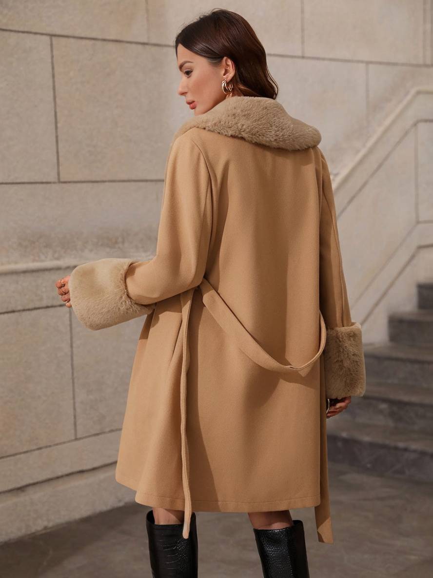 Aurohaya Women's Wool Coat with Faux Fur Collar and Belt Elegant Mid Length Double Breasted Winter Jacket