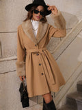 Aurohaya Women's Wool Coat with Faux Fur Collar and Belt Elegant Mid Length Double Breasted Winter Jacket