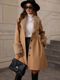 Aurohaya Women's Wool Coat with Faux Fur Collar and Belt Elegant Mid Length Double Breasted Winter Jacket