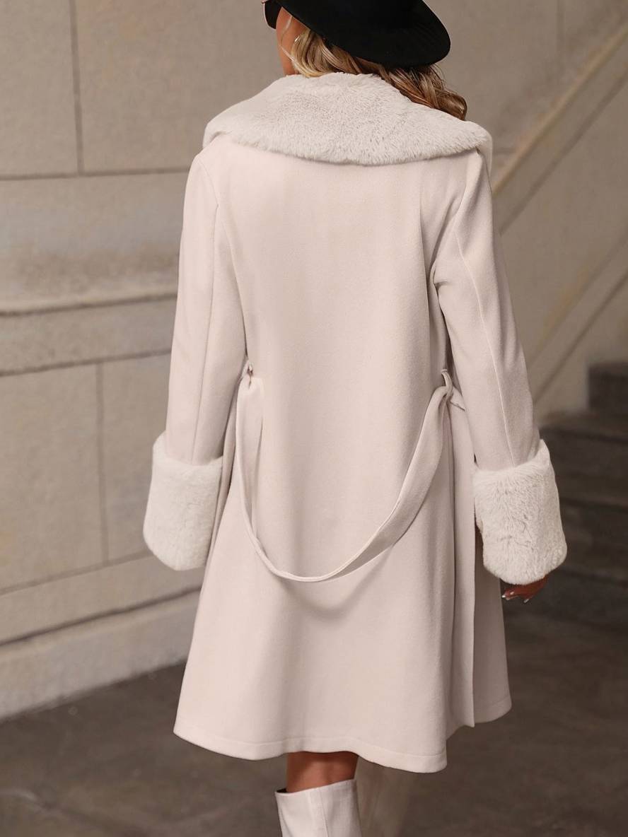 Aurohaya Women's Wool Coat with Faux Fur Collar and Belt Elegant Mid Length Double Breasted Winter Jacket