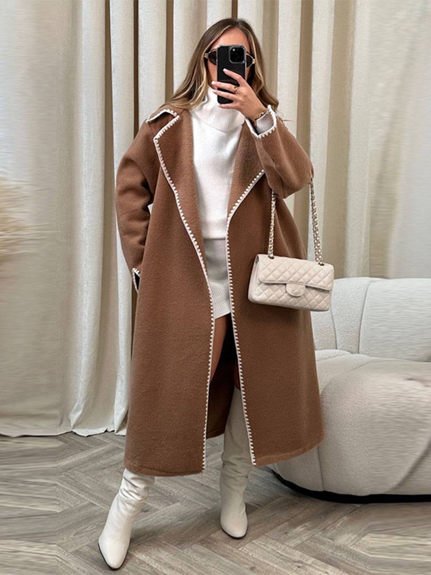 Aurohaya Long Wool Coat for Women Oversized Elegant Winter Jacket