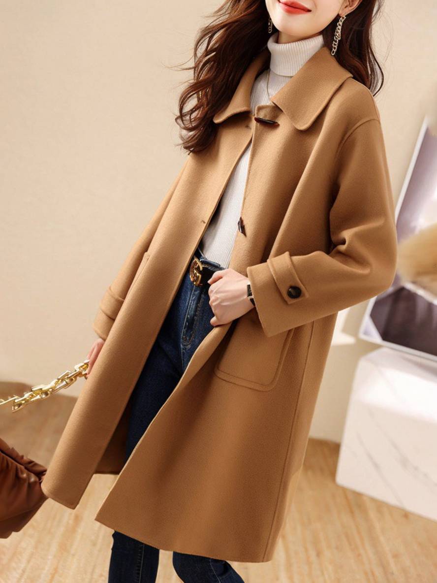 Aurohaya Mid Length Wool Coat for Women Elegant Casual Jacket