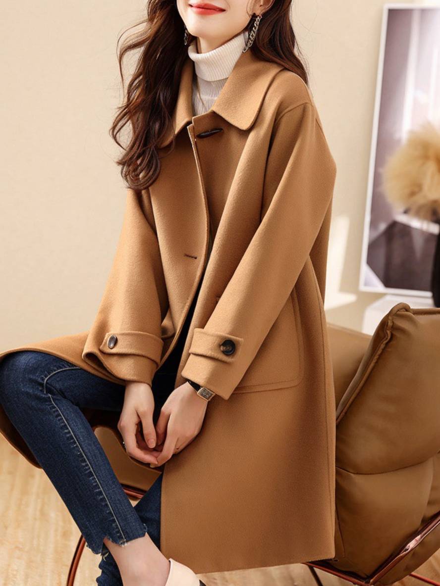 Aurohaya Mid Length Wool Coat for Women Elegant Casual Jacket