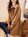 Aurohaya Mid Length Wool Coat for Women Elegant Casual Jacket