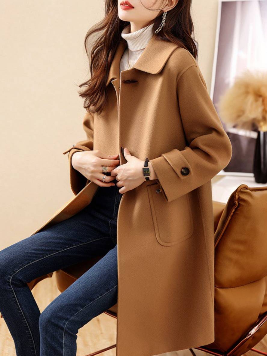 Aurohaya Mid Length Wool Coat for Women Elegant Casual Jacket