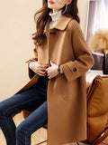 Aurohaya Mid Length Wool Coat for Women Elegant Casual Jacket