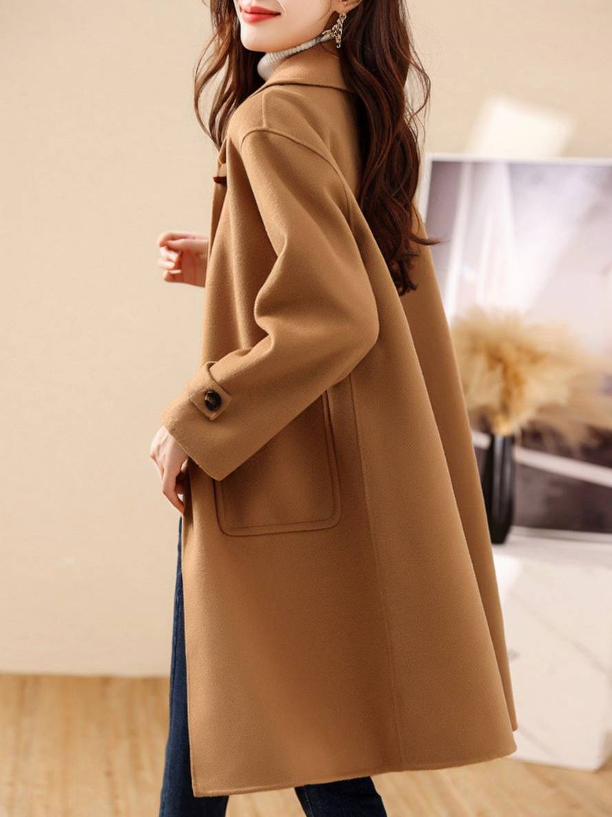 Aurohaya Mid Length Wool Coat for Women Elegant Casual Jacket