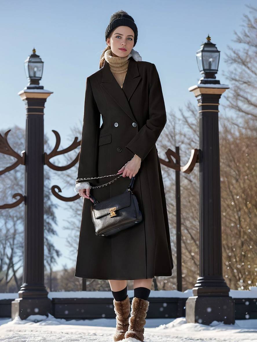 Aurohaya Women's Long Double-Breasted Black Coat Elegant Oversized Winter Coat with Pockets