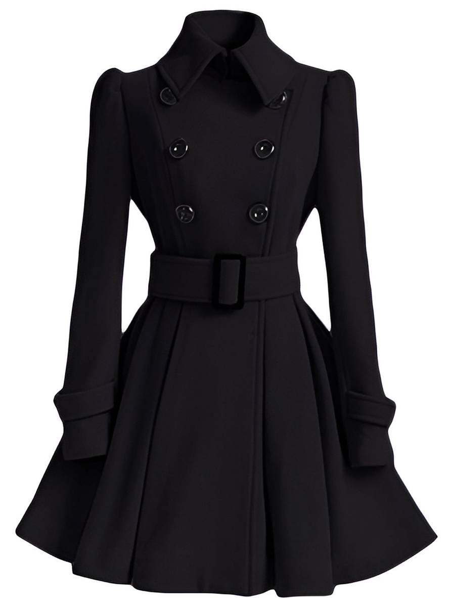 Aurohaya Elegant Woolen Coat with Double Breasted Button, Belt, and Ruffled Hem for Women Casual & Chic Fall/Winter Outerwear