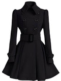 Aurohaya Elegant Woolen Coat with Double Breasted Button, Belt, and Ruffled Hem for Women Casual & Chic Fall/Winter Outerwear