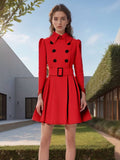 Aurohaya Elegant Woolen Coat with Double Breasted Button, Belt, and Ruffled Hem for Women Casual & Chic Fall/Winter Outerwear