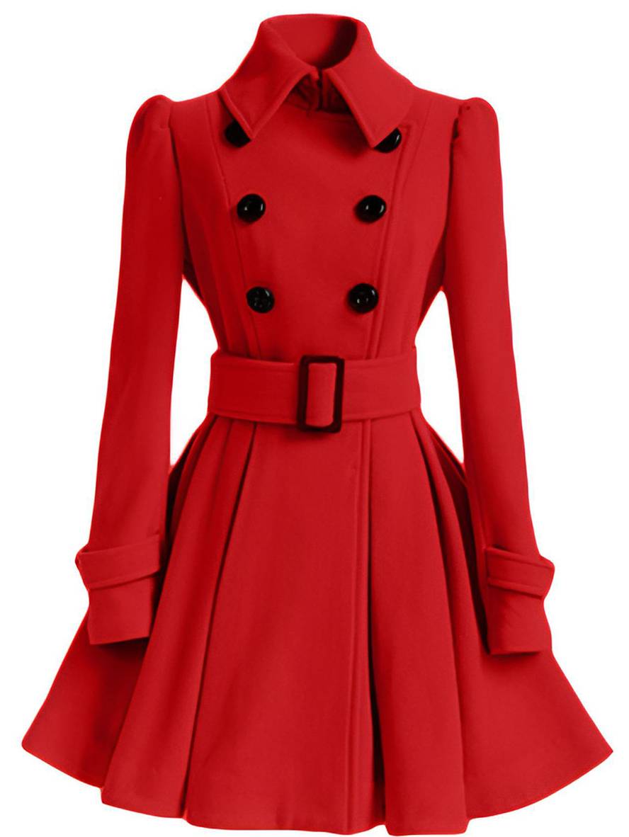 Aurohaya Elegant Woolen Coat with Double Breasted Button, Belt, and Ruffled Hem for Women Casual & Chic Fall/Winter Outerwear