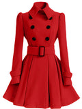 Aurohaya Elegant Woolen Coat with Double Breasted Button, Belt, and Ruffled Hem for Women Casual & Chic Fall/Winter Outerwear