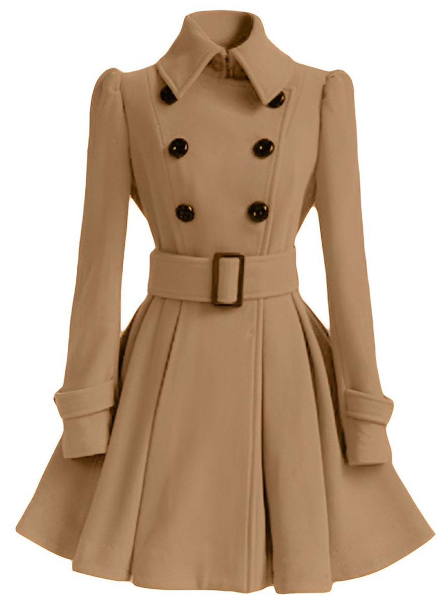 Aurohaya Elegant Woolen Coat with Double Breasted Button, Belt, and Ruffled Hem for Women Casual & Chic Fall/Winter Outerwear