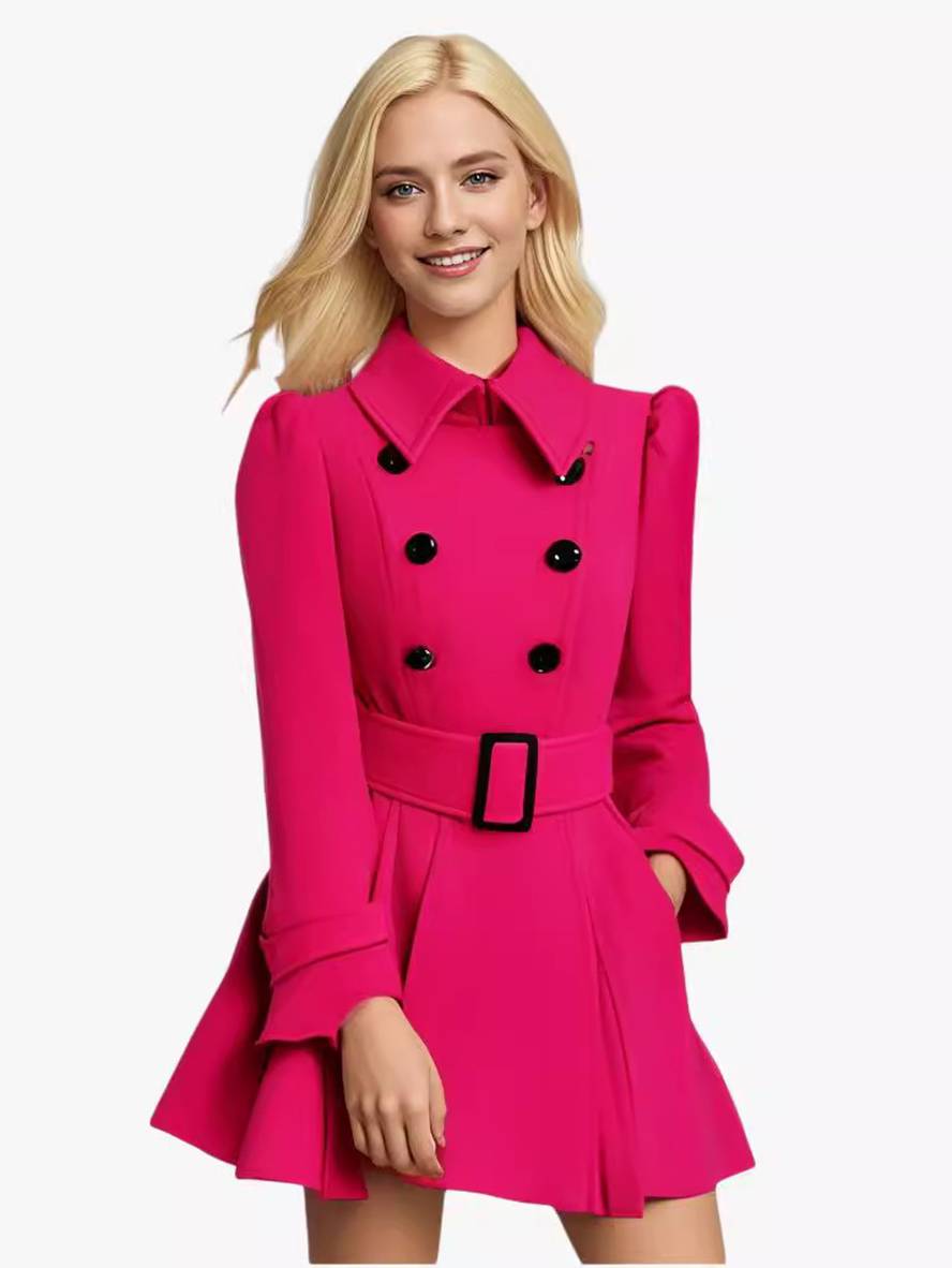 Aurohaya Elegant Woolen Coat with Double Breasted Button, Belt, and Ruffled Hem for Women Casual & Chic Fall/Winter Outerwear