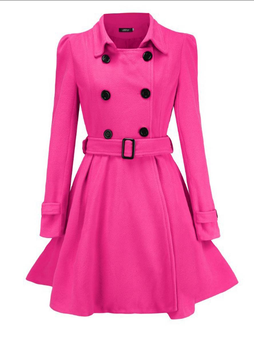 Aurohaya Elegant Woolen Coat with Double Breasted Button, Belt, and Ruffled Hem for Women Casual & Chic Fall/Winter Outerwear