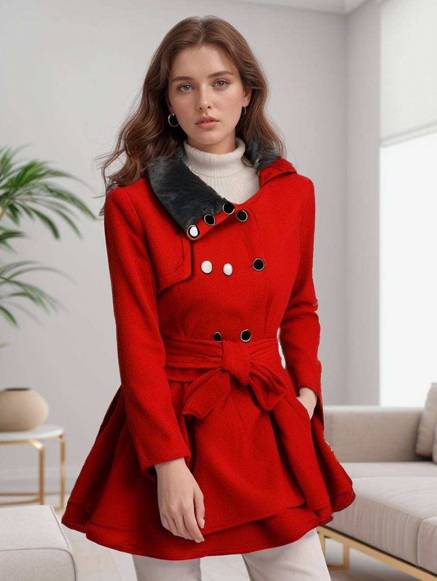 Aurohaya Elegant Double Breasted Coat with Fur Collar, Belt & Ruffled Hem for Women Stylish Fall/Winter Outerwear