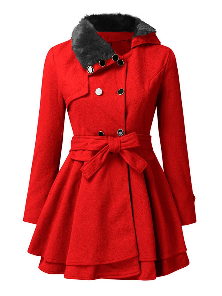 Aurohaya Elegant Double Breasted Coat with Fur Collar, Belt & Ruffled Hem for Women Stylish Fall/Winter Outerwear