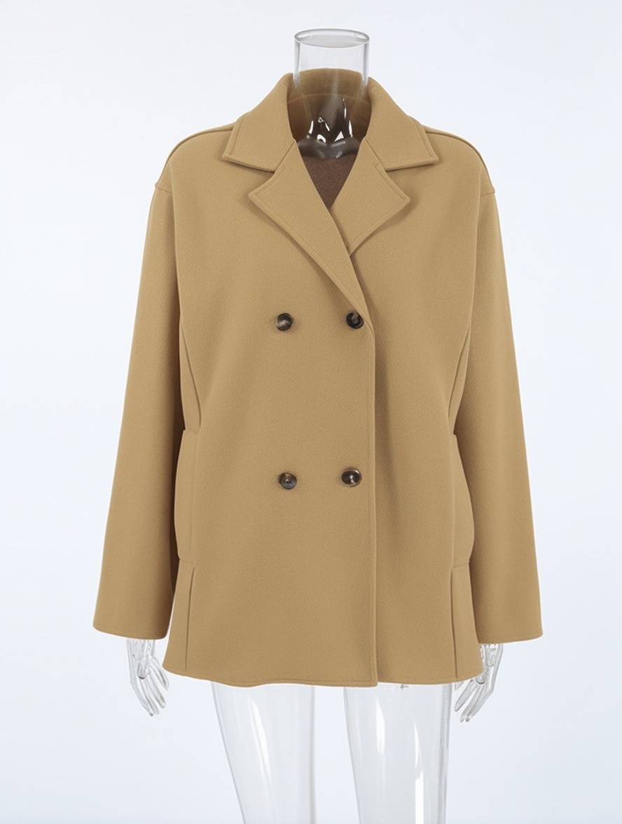 Aurohaya Elegant Woolen Double Breasted Coat for Women Casual & Chic Fall/Winter Outerwear