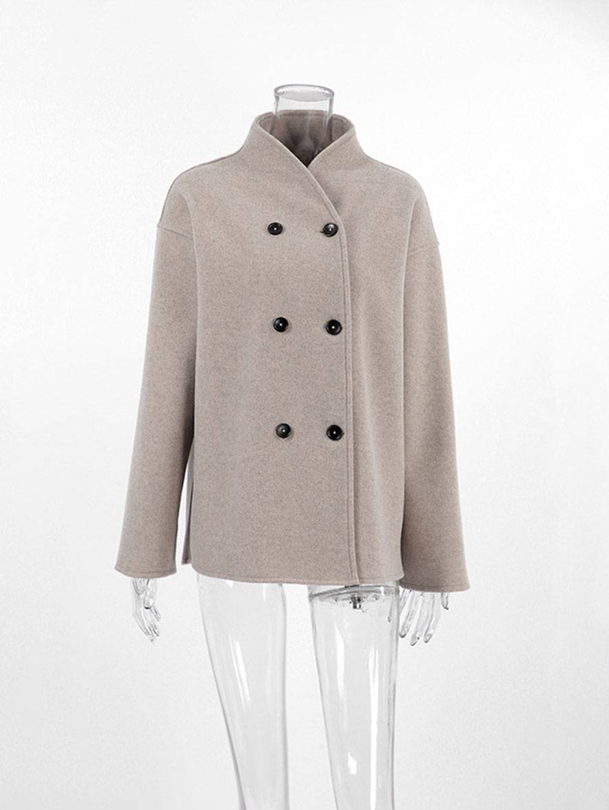 Aurohaya Elegant Brown Wool Double Breasted Coat with V Neck and High Collar for Women Vintage Casual Winter Jacket