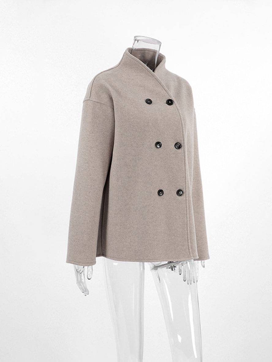 Aurohaya Elegant Brown Wool Double Breasted Coat with V Neck and High Collar for Women Vintage Casual Winter Jacket