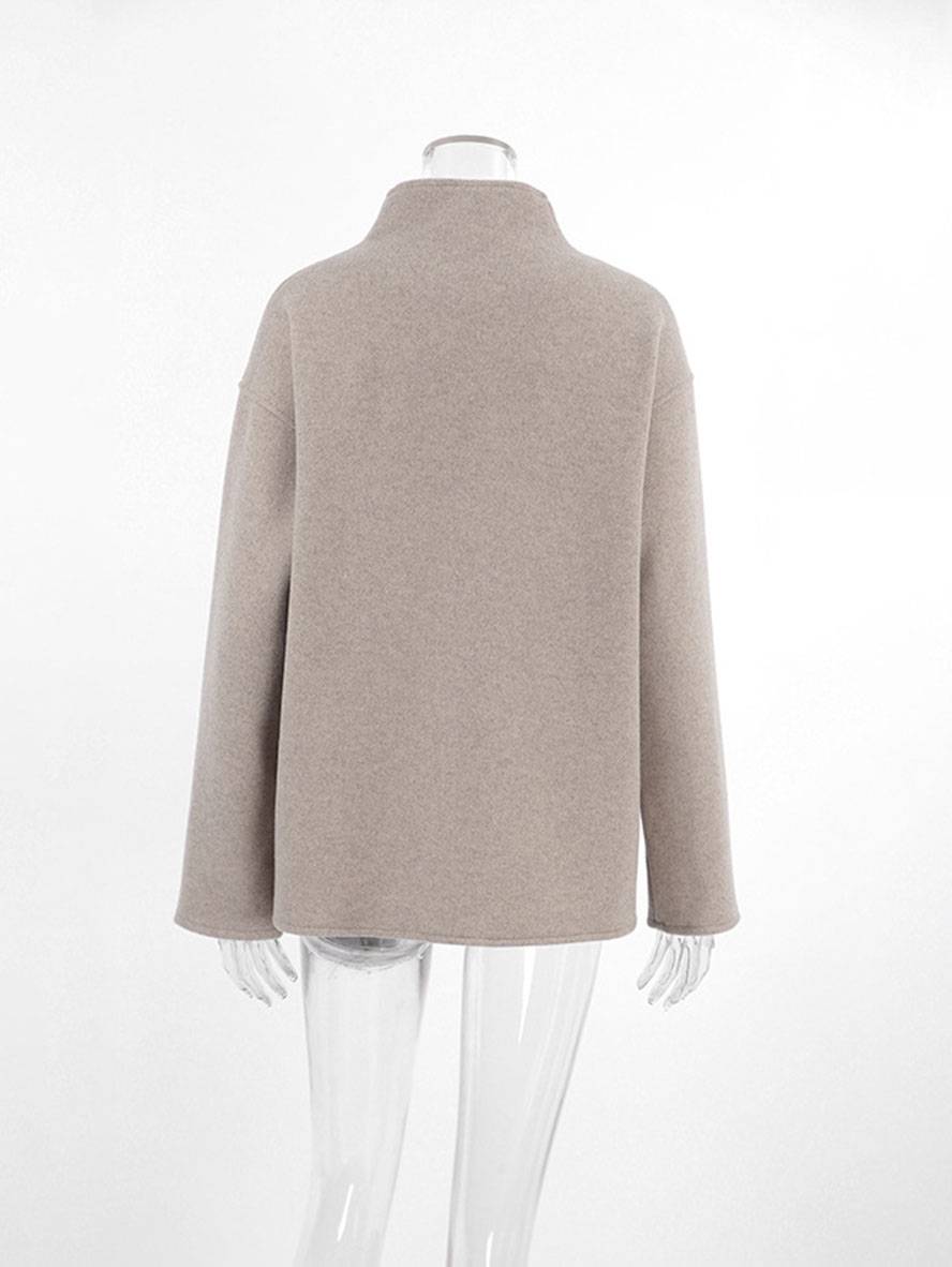 Aurohaya Elegant Brown Wool Double Breasted Coat with V Neck and High Collar for Women Vintage Casual Winter Jacket
