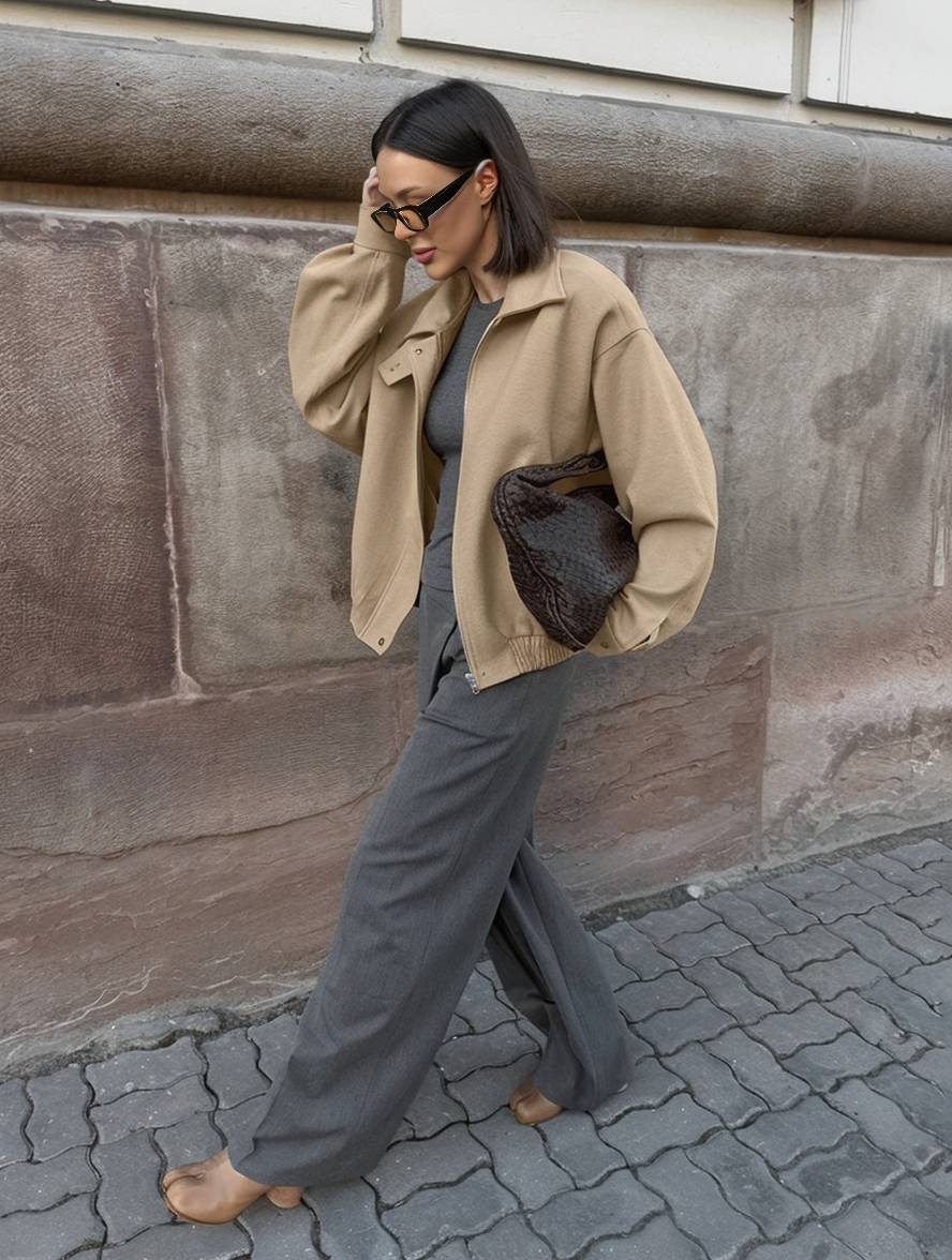 Aurohaya Elegant Oversized Wool Coat with Lapel Collar & Drop Shoulder for Women Casual Fall/Winter Outerwear