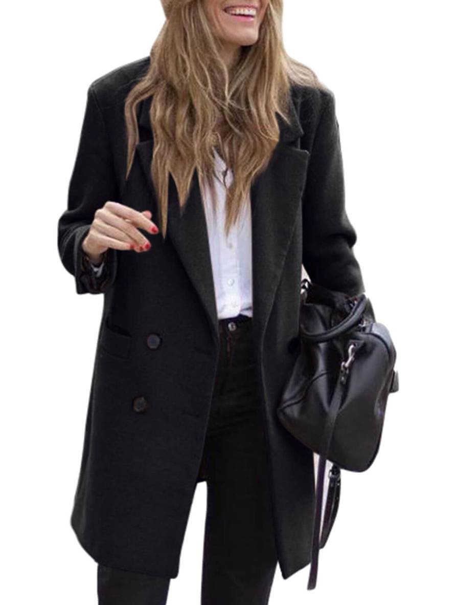 Aurohaya Elegant Double Breasted Wool Coat with Pockets for Women Chic Autumn/Winter Long Jacket