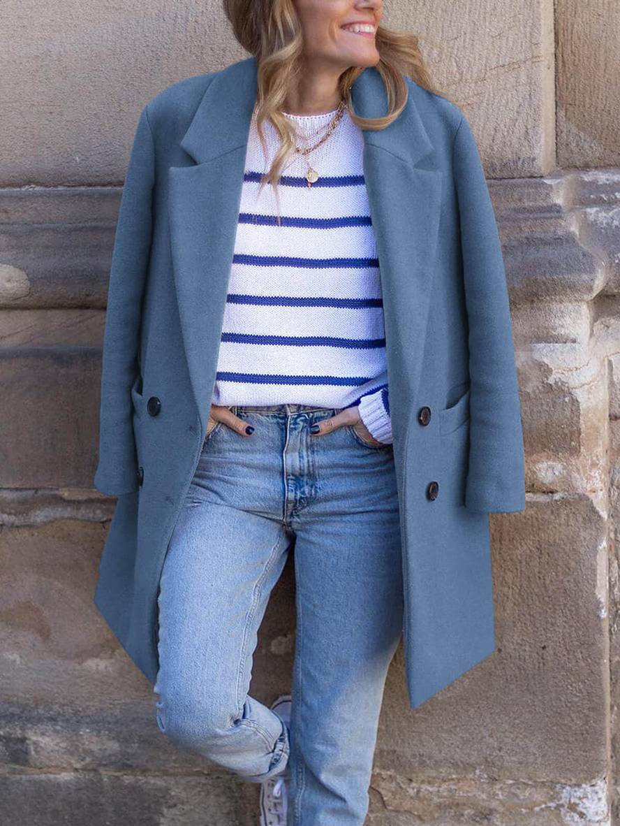 Aurohaya Elegant Double Breasted Wool Coat with Pockets for Women Chic Autumn/Winter Long Jacket