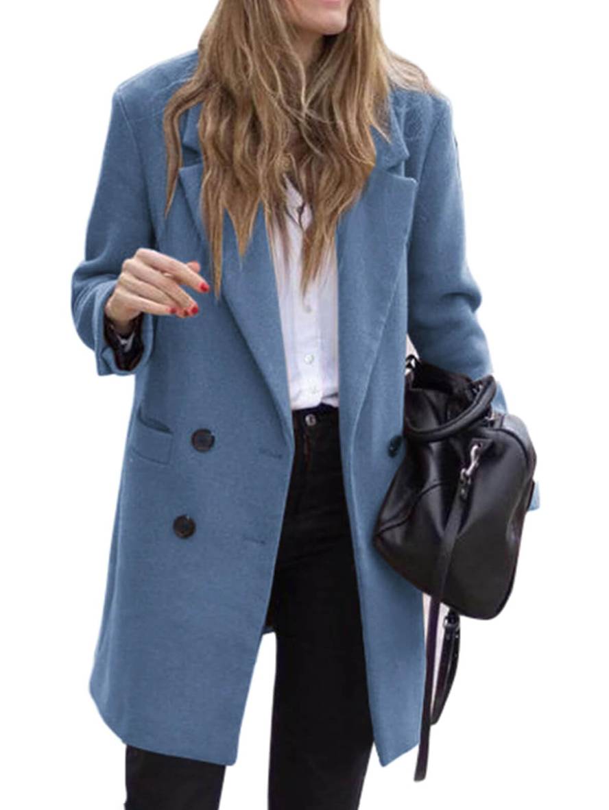 Aurohaya Elegant Double Breasted Wool Coat with Pockets for Women Chic Autumn/Winter Long Jacket