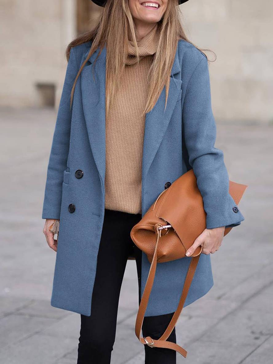 Aurohaya Elegant Double Breasted Wool Coat with Pockets for Women Chic Autumn/Winter Long Jacket