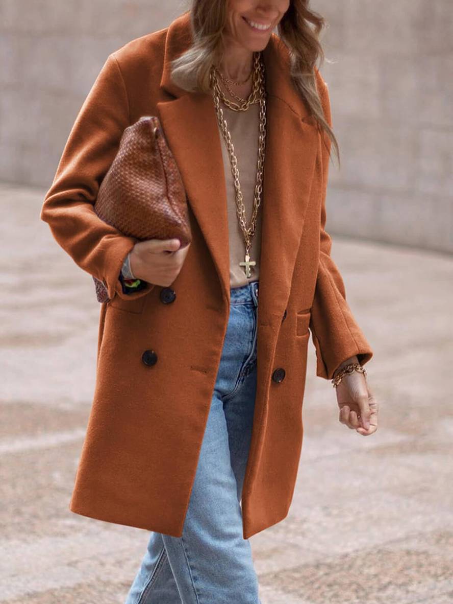 Aurohaya Elegant Double Breasted Wool Coat with Pockets for Women Chic Autumn/Winter Long Jacket